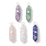 Natural Mixed Stone Double Terminal Pointed Pendants, Faceted Bullet Charms with Star Copper Wire Wrapped, Silver, 36~37x10~10.5x11mm, Hole: 3.5mm(PALLOY-JF02673)