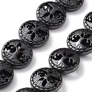 Synthetic Non-Magnetic Hematite Hollow Beads Strands, Flat Round with Tree of Life, 12.5x4.5mm, Hole: 1.4mm, about 32pcs/strand, 15.67 inch(39.8cm)(G-H303-B03)