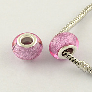 Large Hole Resin European Beads, with Silver Color Plated Brass Double Cores, Rondelle, Pearl Pink, 14x9mm, Hole: 5mm(X-OPDL-R118-10B)