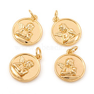 Brass Pendants, with Jump Rings, Flat Round with Angel, Real 18K Gold Plated, 16.5x14x3mm, Hole: 3mm(KK-I672-38G)