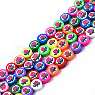 Handmade Polymer Clay Beads Strands, Flat Round with Rose, Mixed Color, 9.5x4~4.5mm, Hole: 1.6mm, about 39~40pcs/strand, 15.08 inch~15.35 inch(38.3~39cm)(CLAY-N008-062-B01)