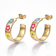 Brass Enamel Stud Earrings, Half Hoop Earrings, with Ear Nuts, Nickel Free, Ring with Flower, Real 16K Gold Plated, Colorful, 20x6mm, Pin: 0.8mm(X-EJEW-T014-07G-NF)