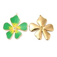 304 Stainless Steel Enamel Pendants, with Rhinestones, Real 18K Gold Plated, Flower Charm, Lime Green, 37.5x33x3mm, Hole: 1.4mm(STAS-K256-15G-03)
