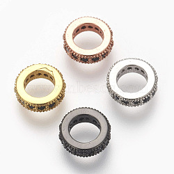 Brass Micro Pave Cubic Zirconia Beads, Lead Free & Cadmium Free, Flat Round, Black, Mixed Color, 8x2mm, Hole: 4.5mm(ZIRC-E152-59-RS)