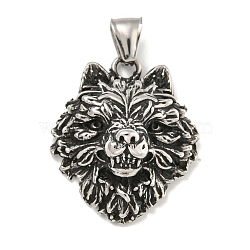 316 Surgical Stainless Steel Pendants, Wolf Head Charm, Antique Silver, 35x29x15mm, Hole: 7.5x4.1mm(STAS-E212-137AS)