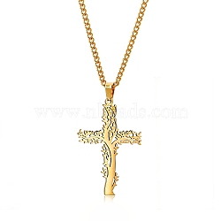 Stainless Steel Tree of Life Cross Pendant Curb Chain Necklaces, Golden, 23.62 inch(60cm)(PW-WGAB092-03)