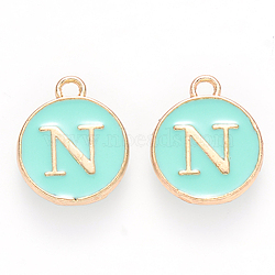 Golden Plated Alloy Enamel Charms, Cadmium Free & Lead Free, Enamelled Sequins, Flat Round with Letter, Turquoise, Letter.N, 14x12x2mm, Hole: 1.5mm(ENAM-S118-05N)