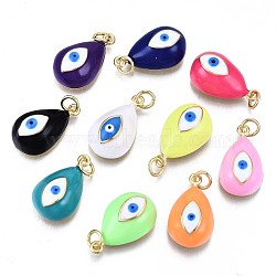 Real 16K Gold Plated Brass Enamel Pendants, with Jump Ring, Cadmium Free & Nickel Free & Lead Free, Teardrop with Evil Eye, Mixed Color, 19~20x11x7~8mm, Jump Ring: 5x0.6mm, Inner Diameter: 3mm(KK-S061-78-NR)