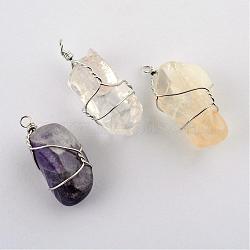 Natural & Synthetic Gemstone Pendants, with Brass Wire, Wrap Pendants, Nuggets, Platinum, Dyed, 31~37x15~19x13~15mm, Hole: 2mm(G-Q458-28)
