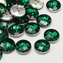 Taiwan Acrylic Rhinestone Buttons, Faceted, 2-Hole, Disc, Dark Green, 11.5x4mm, Hole: 1mm(BUTT-F022-11.5mm-06)