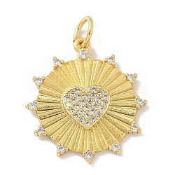 Brass Micro Pave Cubic Zirconia Pendants, Flower with Heart Charms, with Jump Ring, Real 18K Gold Plated, 24.5x22.5x2.5mm, Hole: 4mm(KK-M300-29G)