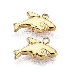 304 Stainless Steel Shark Pendants, Ion Plating(IP), Real 18K Gold Plated, 9.5x17x3mm, Hole: 1.6mm(STAS-T069-09G)