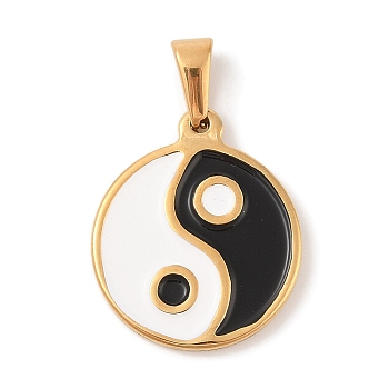 304 Stainless Steel Pendants, with Enamel, Flat Round with Yin-yang Charm, Golden, 24x20x2.5mm, Hole: 3.5x6.5mm