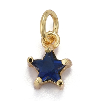 Brass Micro Pave Cubic Zirconia Pendants, Long-Lasting Plated, with Jump Rings, Real 18K Gold Plated, Star, Medium Blue, 8.5x7x4mm, Hole: 3mm