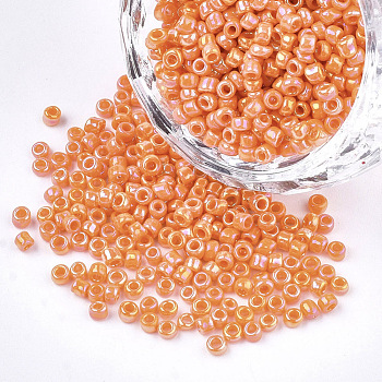 Opaque Glass Seed Beads, Rainbow Plated, Round, Coral, 3mm, Hole: 1mm, about 10000pcs/bag