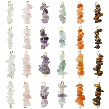 24Pcs 12 Styles Natural Quartz Crystal & Rose Quartz & Tiger Eye & Amethyst & Fluorite & Red Aventurine Pendants & Links Connector Charms, 25~30mm, 2pcs/style