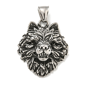 316 Surgical Stainless Steel Pendants, Wolf Head Charm, Antique Silver, 35x29x15mm, Hole: 7.5x4.1mm