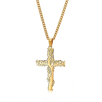 Stainless Steel Tree of Life Cross Pendant Curb Chain Necklaces, Golden, 23.62 inch(60cm)