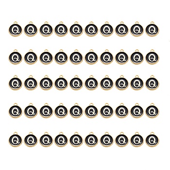 Golden Plated Alloy Charms, with Enamel, Enamelled Sequins, Flat Round, Black, Letter.Q, 14x12x2mm, Hole: 1.5mm, 50pcs/Box