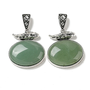 Natural Green Aventurine Pendants, Antique Silver Plated Alloy Oval Charms, 47x42x13mm, Hole: 16x7mm