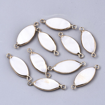 Natural Freshwater Shell Links Connectors, with Brass Loops, Horse Eye, Light Gold, Creamy White, 28x10x3mm, Hole: 1.8mm