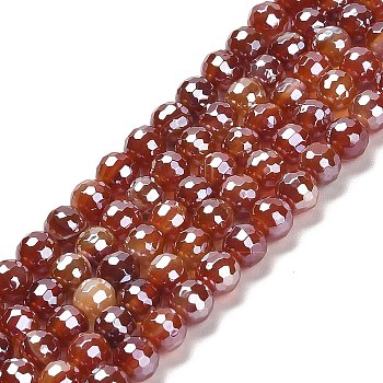 Electroplated Natural Agate Round Beads Strands, Dyed & Heated, Faceted(128 Facets), FireBrick, 6mm, Hole: 1.2mm, about 63pcs/strand, 15.16 inch(38.5cm)