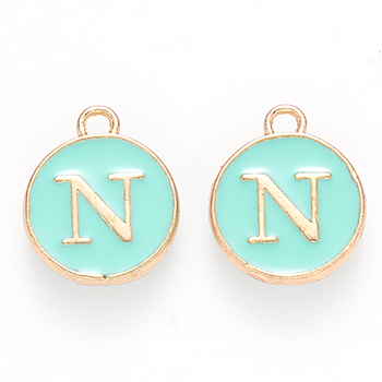 Golden Plated Alloy Enamel Charms, Cadmium Free & Lead Free, Enamelled Sequins, Flat Round with Letter, Turquoise, Letter.N, 14x12x2mm, Hole: 1.5mm