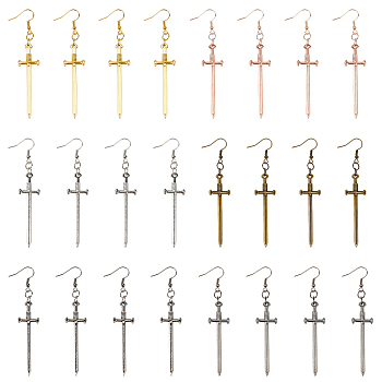 12 Pairs 6 Color Alloy Dangle Earrings with Iron Pins, Sword, Mixed Color, 81mm, 2 Pair/color