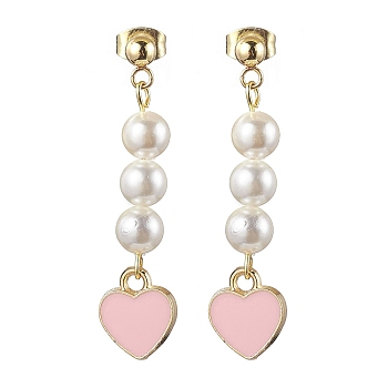 Natural Shell Pearl Dangle Earrings, with Alloy Enamel Heart Pendants and 304 Stainless Steel Stud Earring Findings, Golden, 41x10mm