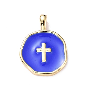Brass Enamel Pendants, Light Gold, Flat Round with Cross, Blue, 18x13.5x3.5mm, Hole: 2x3.5mm