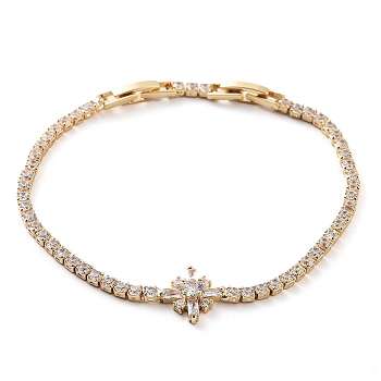 Golden Brass Link Bracelet, with Cubic Zirconia Tennis Chains, Long-Lasting Plated, Flower, 8 inch(20.4cm)