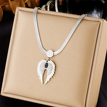 Rhinestone Wings Pendant Necklace with 304 Stainless Steel Herringbone Chains, Stainless Steel Color, 15.75 inch(40cm)