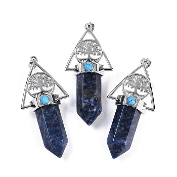 Natural Sodalite Faceted Pointed Bullet Big Pendants, Rack Plating Brass Tree of Life Triangle Charms, Platinum, Lead Free & Cadmium Free, 56~57x26.5~27x16.5~17mm, Hole: 6x4mm