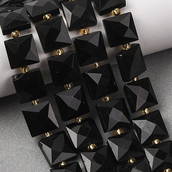 Natural Obsidian Beads Strands, Faceted, Square, with Seed Beads, 10.5x10.5x4.5~5.5mm, Hole: 1mm, about 31pcs/strand, 14.76~15.16''(37.5~38.5cm)