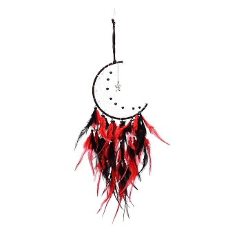 Moon Woven Net/Web with Feather Pendant Decoration, Tassel Wall Hanging Decoration, for Home Bedroom Car Ornaments Birthday Gift, Red, 640mm