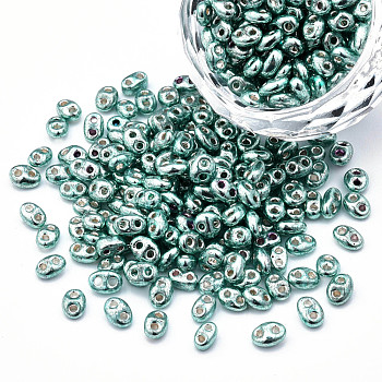 Dyed Opaque Colours Glass Seed Beads, Silver Lined, 2-Hole, Oval, Light Sea Green, 5x4x2.5mm, Hole: 0.9mm, about 450g/bag
