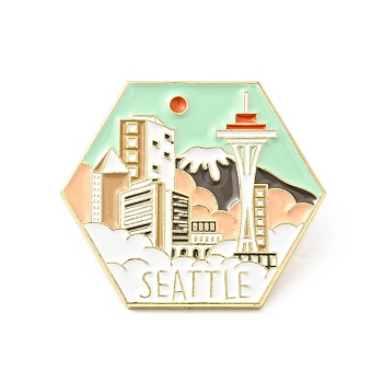 Creative Landscape Theme Enamel Pin, Gold Plated Alloy Word Seattle Badge for Backpack Clothes, Hexagon Pattern, 26x30x1.5mm