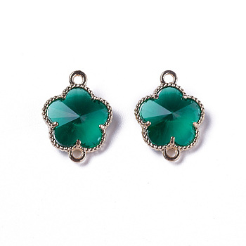 Glass Links connectors, with Eco-Friendly Alloy Open Back Berzel Findings, Flower, Light Gold, Teal, 15.5x12x5mm, Hole: 1.4mm