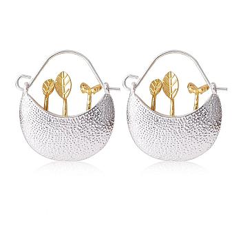 Two Tone Flower Basket Alloy Hoop Earrings, Golden & Silver, 30x28.7x6mm