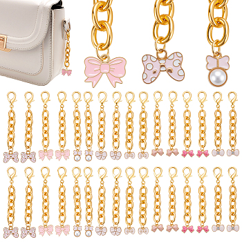 32Pcs 8 Style Alloy Enamel Bowknot Pendant Decorations, with Aluminum Chain & Alloy Lobster Claw Clasps, Golden, Mixed Color, 76~81mm