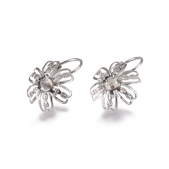 304 Stainless Steel Leverback Earring Findings, Flower, Stainless Steel Color, 22x14x13~14mm, Tray: 4mm, Pin: 0.8mm