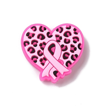Pink Ribbon Silicone Beads, Silicone Teething Beads, Breast Cancer Awareness Ribbon with Heart Leopard Print, Pearl Pink, 28x30x8mm, Hole: 3.5mm