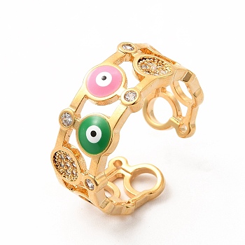 Colorful Enamel Evil Eye Open Cuff Ring with Cubic Zirconia, Brass Jewelry for Women, Golden, Inner Diameter: 18mm