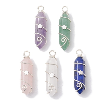 Natural Mixed Stone Double Terminal Pointed Pendants, Faceted Bullet Charms with Star Copper Wire Wrapped, Silver, 36~37x10~10.5x11mm, Hole: 3.5mm