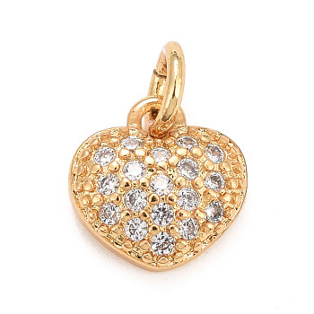 Eco-Friendly Brass Micro Pave Clear Cubic Zirconia Pendants, with Jump Ring, Long-Lasting Plated, Lead Free & Cadmium Free, Heart, Real 24K Gold Plated, 8x8x2.5mm, Jump Ring: 4.5x0.8mm, 2.9mm inner diameter