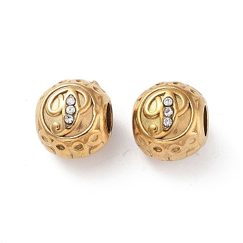 304 Stainless Steel Rhinestone European Beads, Round Large Hole Beads, Real 18K Gold Plated, Round with Letter, Letter P, 11x10mm, Hole: 4mm