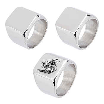 3Pcs 3 Size 304 Stainless Steel Rectangle Signet Finger Rings, Chunky Wide Rings for Men Women, Stainless Steel Color, US Size 9~11 1/2(18.9~20.9mm), 1Pc/size
