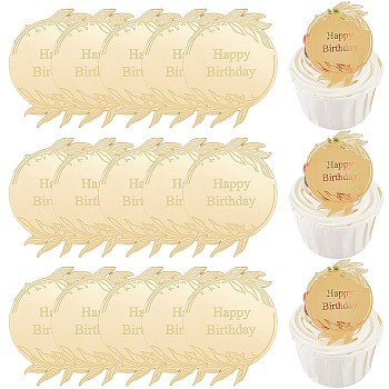 21Pcs Birthday Theme Mirror Effect Acrylic Birthday Cupcake Insert Card Decoration, Cake Toppers, Flat Round with Word Happy Birthday, Gold, 57.5x44.5x1.5mm