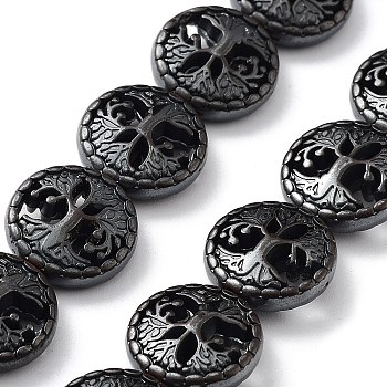 Synthetic Non-Magnetic Hematite Hollow Beads Strands, Flat Round with Tree of Life, 12.5x4.5mm, Hole: 1.4mm, about 32pcs/strand, 15.67 inch(39.8cm)
