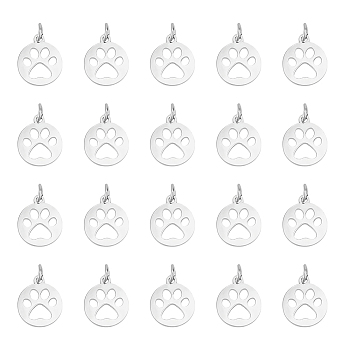 304 Stainless Steel Pendants, Flat Round with Dog Paw Prints, Stainless Steel Color, 14x12x1.1mm, Hole: 4mm, 20pcs/box
